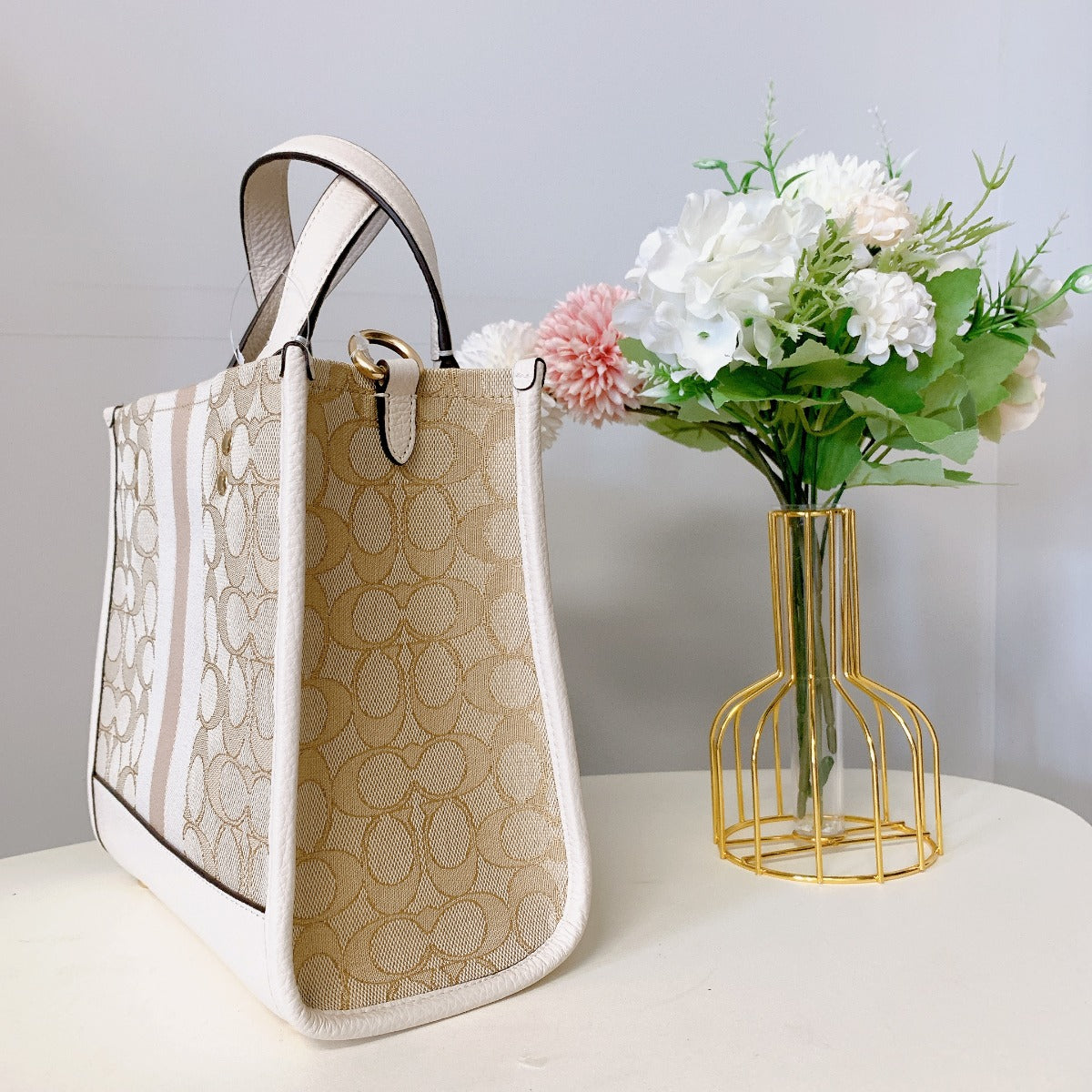 Coach C8448 Dempsey Carryall In Signature Jacquard With Stripe And Coach Patch In Gold/Light Khaki Chalk Coach C8448 Dempsey Carryall In Signature Jacquard With Stripe And Coach Patch In Gold/Light Khaki Chalk